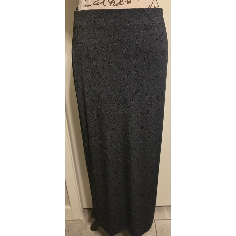 Essex USA Charcoal Gray Floral Embossed Maxi Skirt Sz L Back Slit Mall Goth 90s